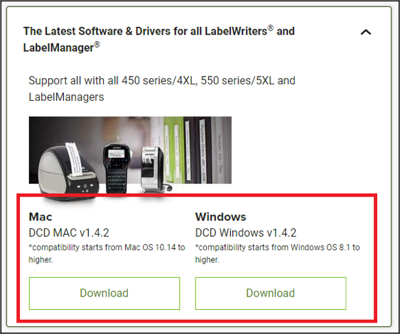 DYMO download screen